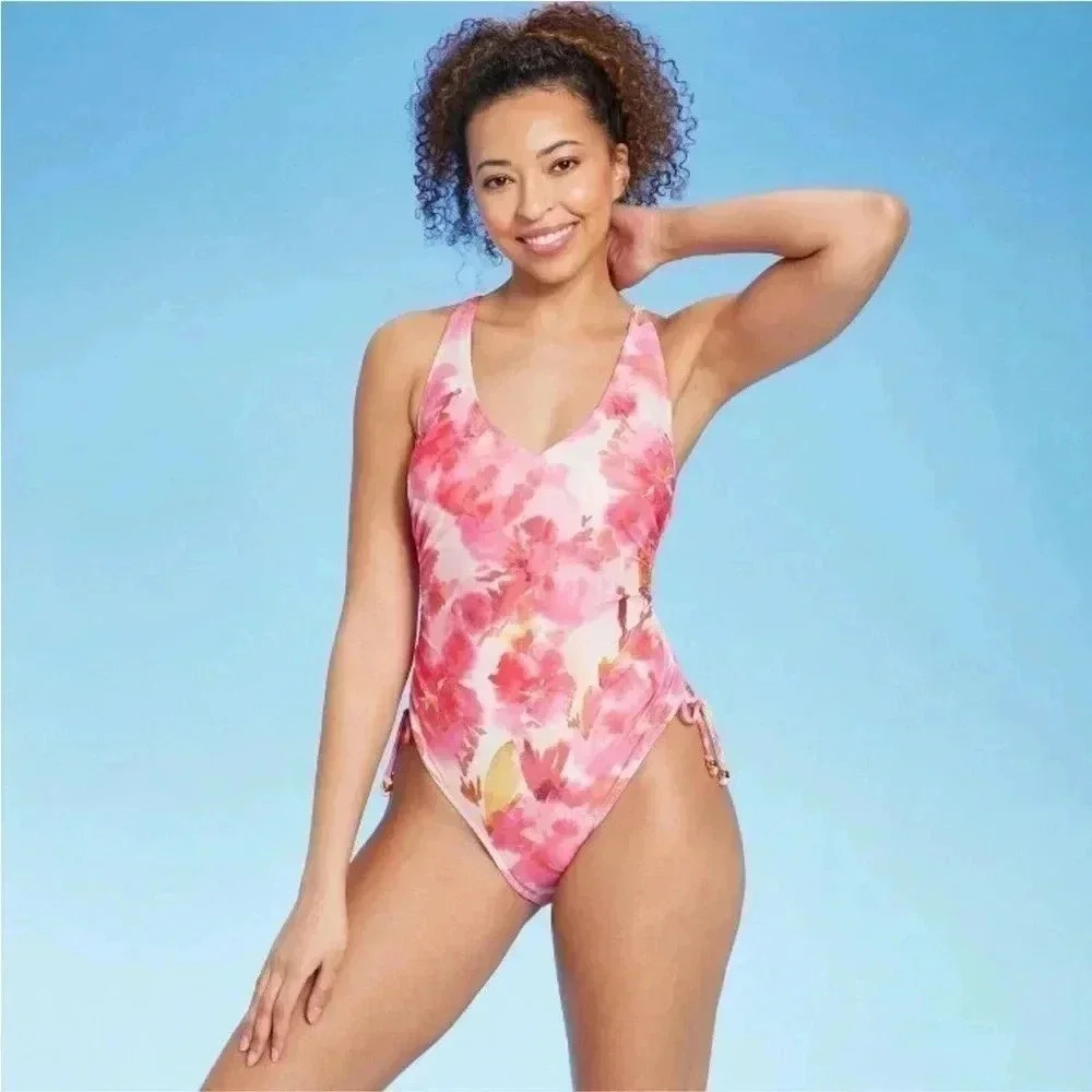 NWT Women's Plunge Side-Tie‎ One Piece Swimsuit - Shade & Shore Multi Floral